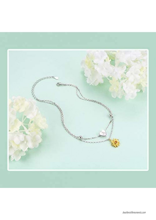 Sterling Silver Layered Chain Alphabet Letter Initial with Sunflower Beads Foot Bracelet Anklet for Women