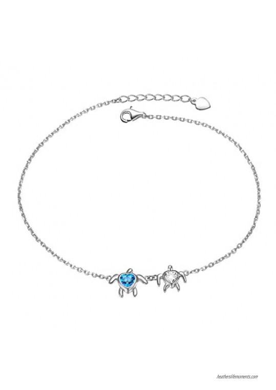Sterling Silver Mom and Baby Turtle Necklace Stud Earrings Anklet Cubic Zirconia Heart Pendant Turtle Jewelry Set for Women