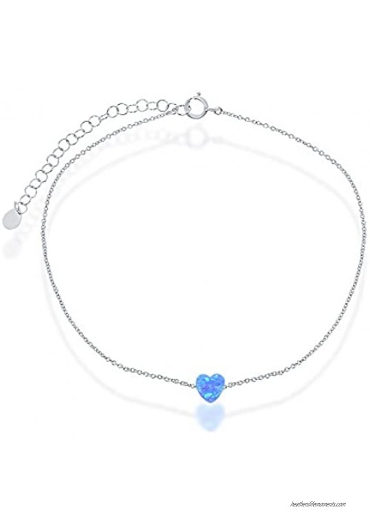 Sterling Silver or Rose Gold Plated Created Blue or White Opal Heart or Disc 9+2 Anklet