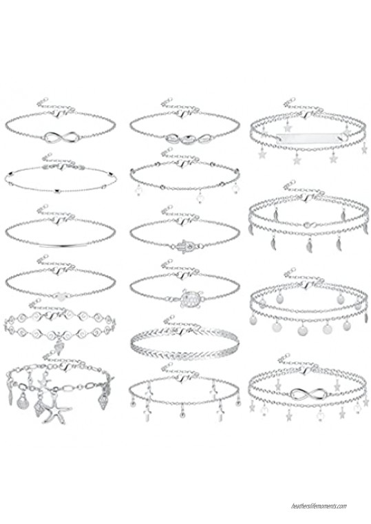 Subiceto 16Pcs Anklet for Women Summer Beach Chain Anklet Bracelet Layered Adjustable Size Foot Jewelry Anklet Set Gold Silver Tone