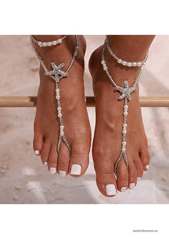 Ursumy Boho Beach Barefoot Sandals Beaded Foot Chain Starfish Anklets Ring Jewelry Wedding Ankle Bracelets for Women and Girls 2Pcs