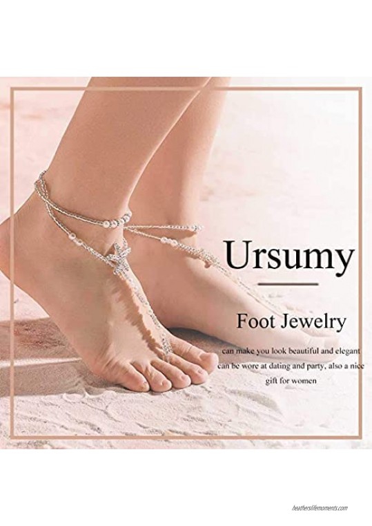 Ursumy Boho Beach Barefoot Sandals Beaded Foot Chain Starfish Anklets Ring Jewelry Wedding Ankle Bracelets for Women and Girls 2Pcs