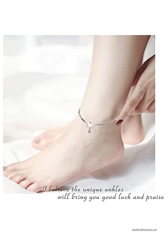 Winhime Heart Ankle Bracelets for Women Silver/14K Gold Plated Anklets Premium Stainless Steel Foot Anklet Adjustable Figaro Chain Anklets with Cubic Zirconia and Heart Charm for Teen Girls