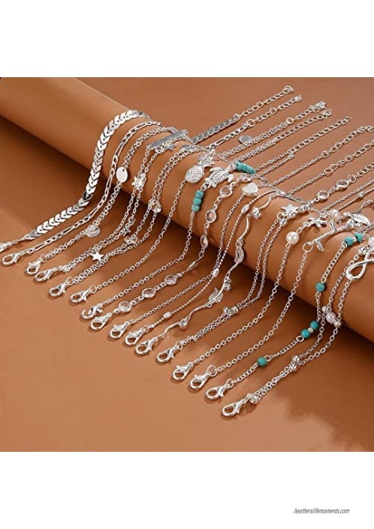 XIJIN 16Pcs Dainty Anklets for Women Girls Gold Silver Layered Ankle Bracelets Set Adjustable Beach Turtle Foot Anklets with Gift Box