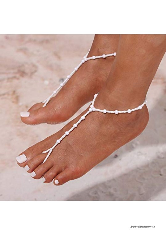 Yalice 2PCS Stretch Beach Pearl Barefoot Sandals Anklet Wedding Foot Chain Beads Ankle Bracelet Jewelry for Women and Girls (White)
