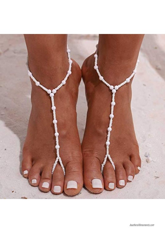 Yalice 2PCS Stretch Beach Pearl Barefoot Sandals Anklet Wedding Foot Chain Beads Ankle Bracelet Jewelry for Women and Girls (White)