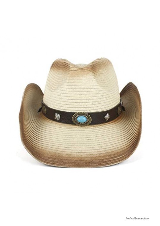 Classic Women Gem Band Men Summer Western Style Straw Round Up Cowboy Hat Funny Party Cap