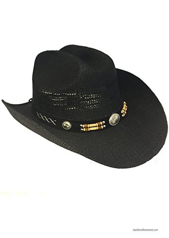 Country Straw Wire Brim Bendable Shapeable Cowboy Hat W/ Bead Band - Black