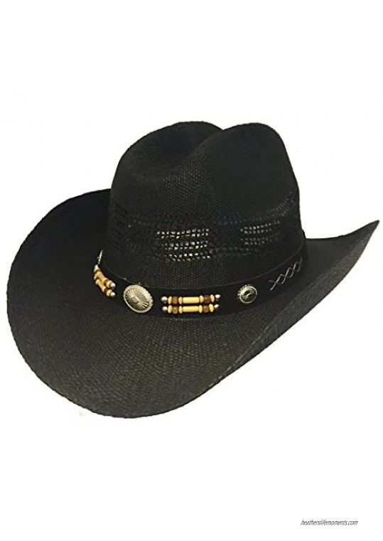 Country Straw Wire Brim Bendable Shapeable Cowboy Hat W/ Bead Band - Black