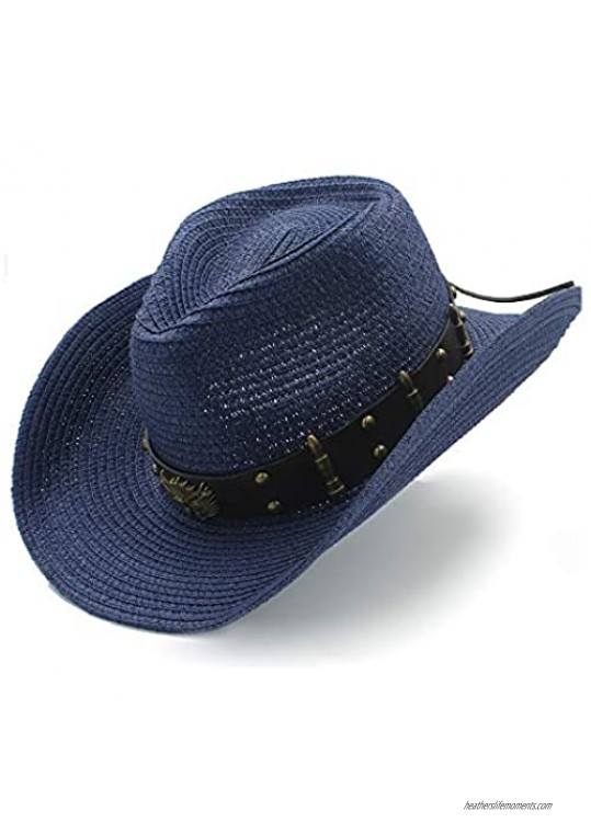L.W.SUSL Summer Sun Hat Raffia Hat Ladies Cowboy Hat Men's Pistol Cowboy Cow Head Alloy Ornamental Round Rivet Bullets (Color : Blue Size : 58cm)