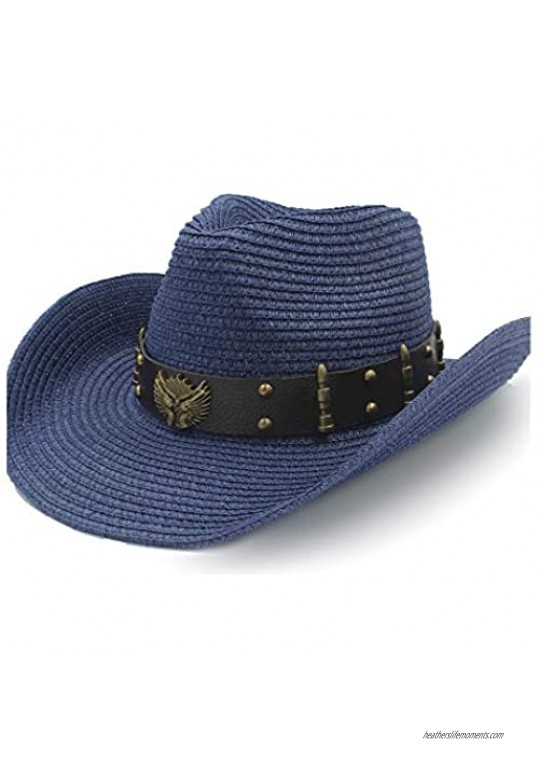 L.W.SUSL Summer Sun Hat Raffia Hat Ladies Cowboy Hat Men's Pistol Cowboy Cow Head Alloy Ornamental Round Rivet Bullets (Color : Blue  Size : 58cm)