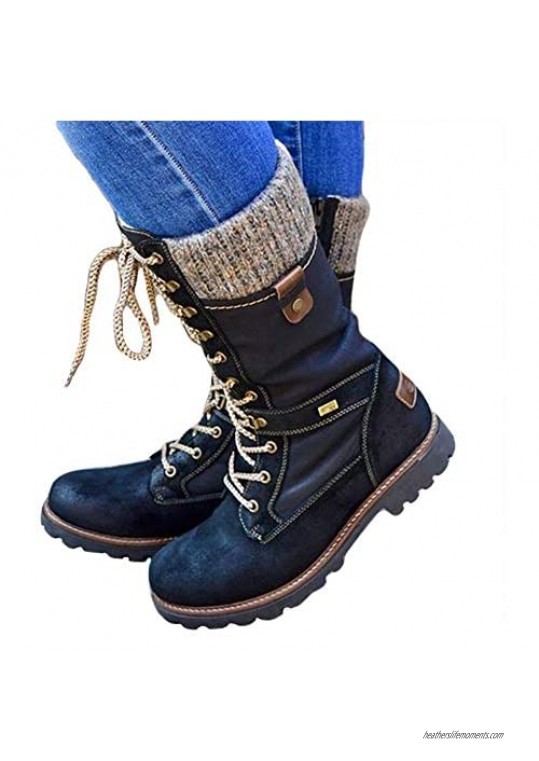 NAISI Women's Lace Up Military Combat Booties Low Heel Mid Calf Riding Boots Ladies Winter Snow Boots