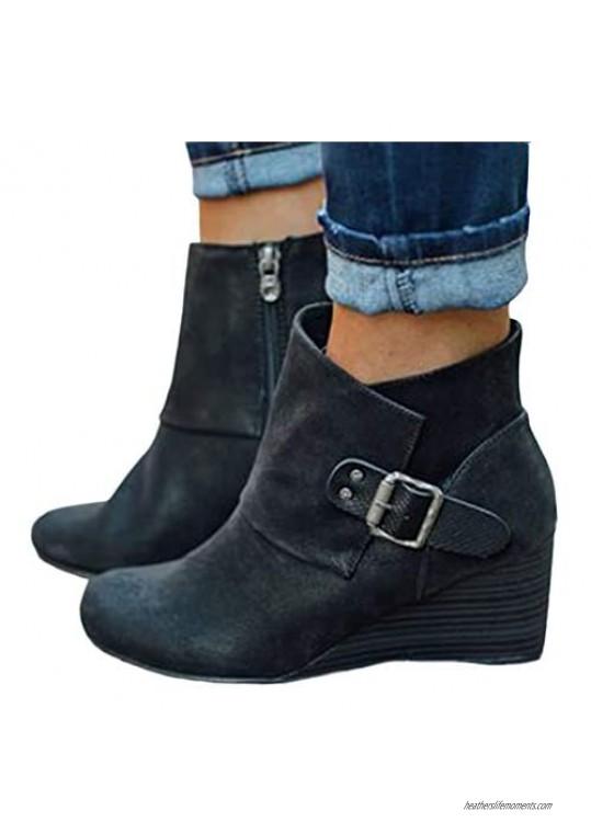 Women's Wedge Booties Orthotic Arch Support Zip up Ankle Boots Wide Width Buckle Vintage Casual Shoes