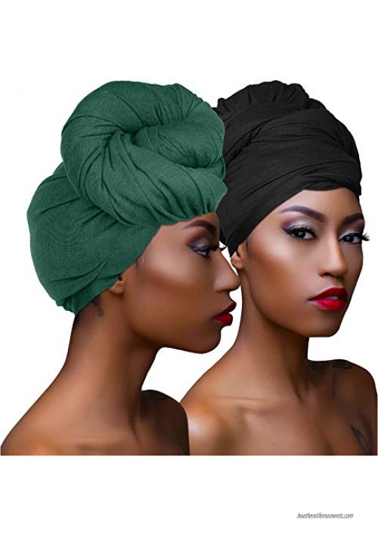 2 Pieces Head Wrap Scarf Stretch Jersey Knit Hair Wrap Long Turbans for Black Women Wide Headwear (Black & Dark Green)