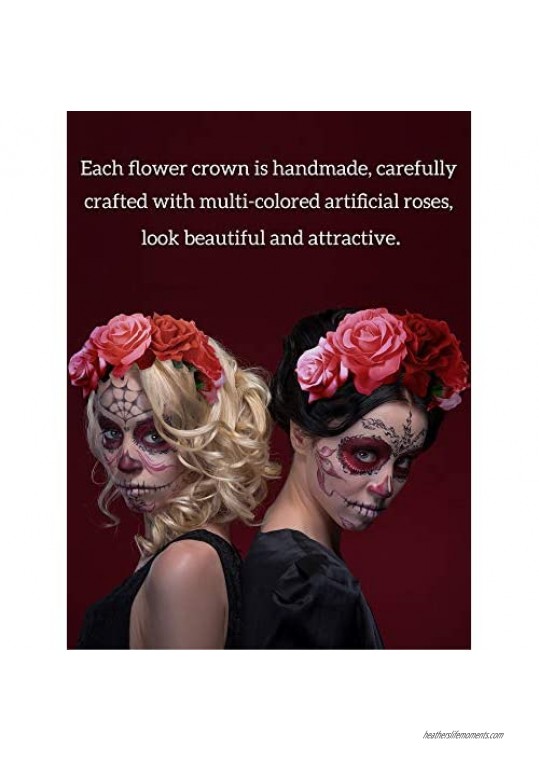 2 Pieces Mexican Flower Crown Day of The Dead Headband Costume Rose Flower Crown Mexican Headpiece Hawaiian Boho Floral for Girls Women