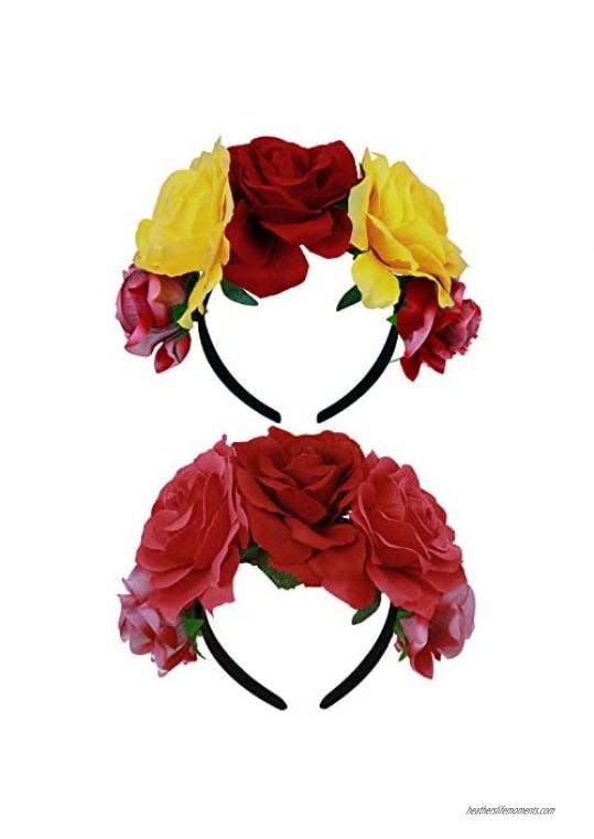 2 Pieces Mexican Flower Crown Day of The Dead Headband Costume Rose Flower Crown Mexican Headpiece Hawaiian Boho Floral for Girls Women