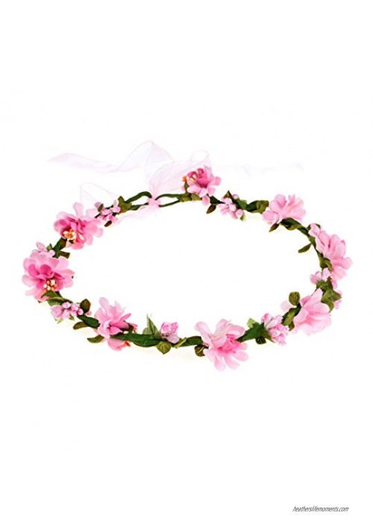 Accesyes Berry Leaf Flower Headband Festival Wedding Party Hair Wreath Boho Floral Garland Halo Bridal Ribbon Crown (Pink)