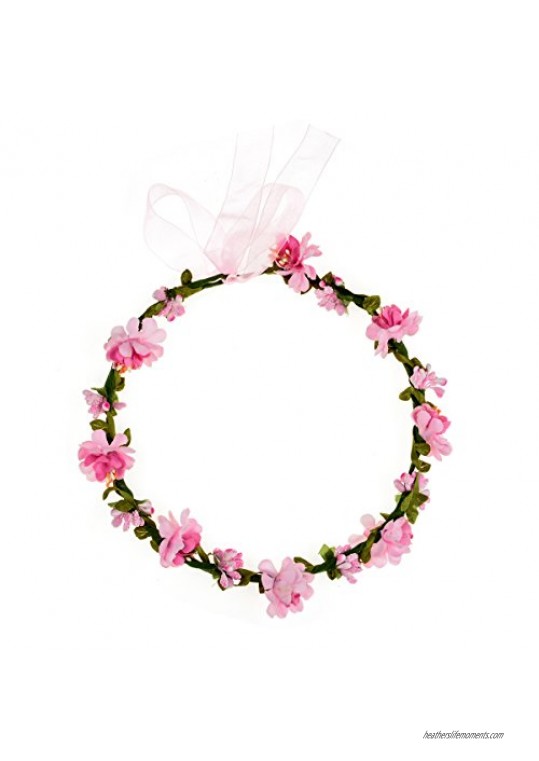 Accesyes Berry Leaf Flower Headband Festival Wedding Party Hair Wreath Boho Floral Garland Halo Bridal Ribbon Crown (Pink)