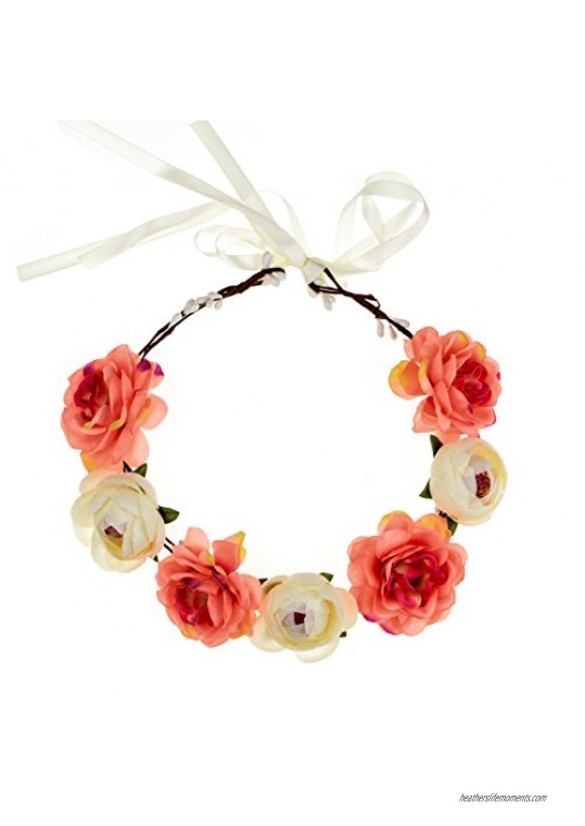 Accesyes Flower Headband Camellia Leaf Crown Women Festival Floral Wreath for Photography (White and Coral)