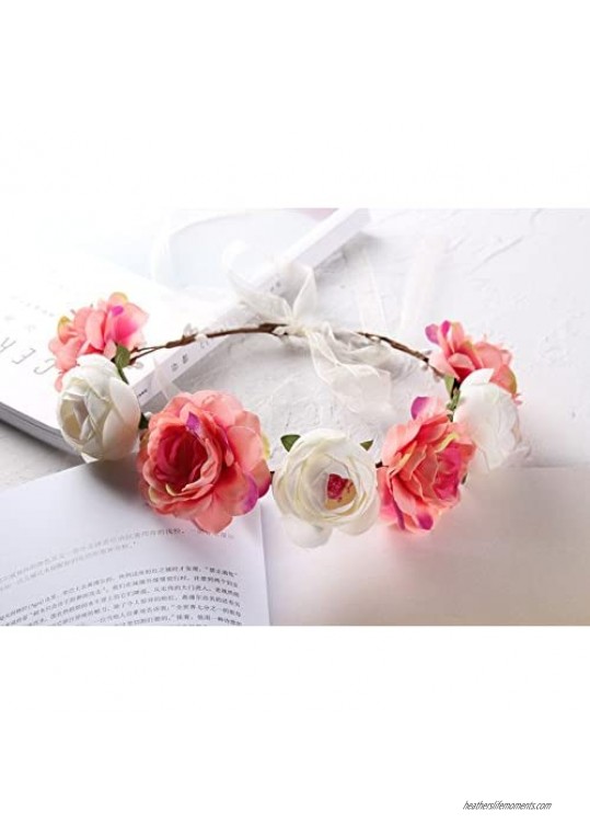 Accesyes Flower Headband Camellia Leaf Crown Women Festival Floral Wreath for Photography (White and Coral)