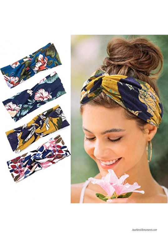 Earent Boho Floal Style Headbands Yellow Criss Cross Hair Bands Yoga Sweat Printed HeadWraps Elastic Turban Headscrafs Outdoor Hair Accessories for Women and Girls (Pack of 4) (A)
