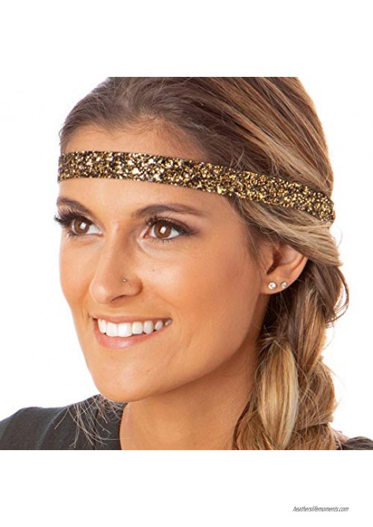 Hipsy Women's Adjustable No Slip Cute Fashion Headbands Bling Glitter Hairband Packs (3pk Black/Gold/Diva Skinny Bling Glitter)