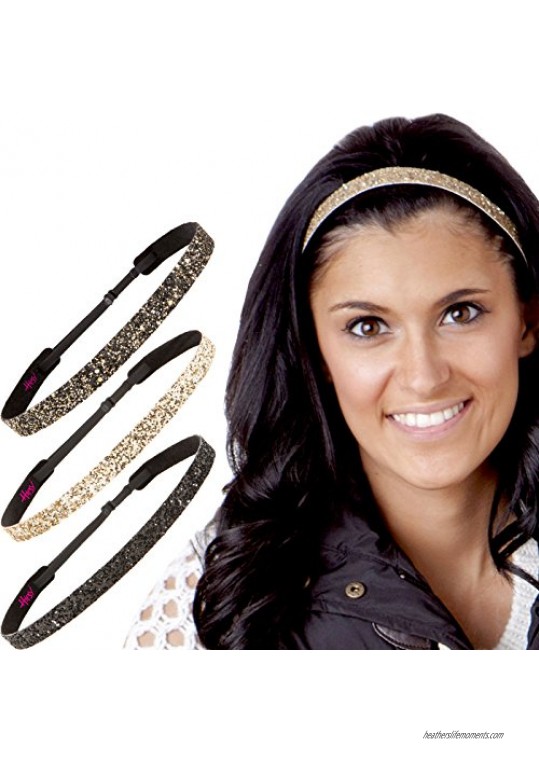 Hipsy Women's Adjustable No Slip Cute Fashion Headbands Bling Glitter Hairband Packs (3pk Black/Gold/Diva Skinny Bling Glitter)