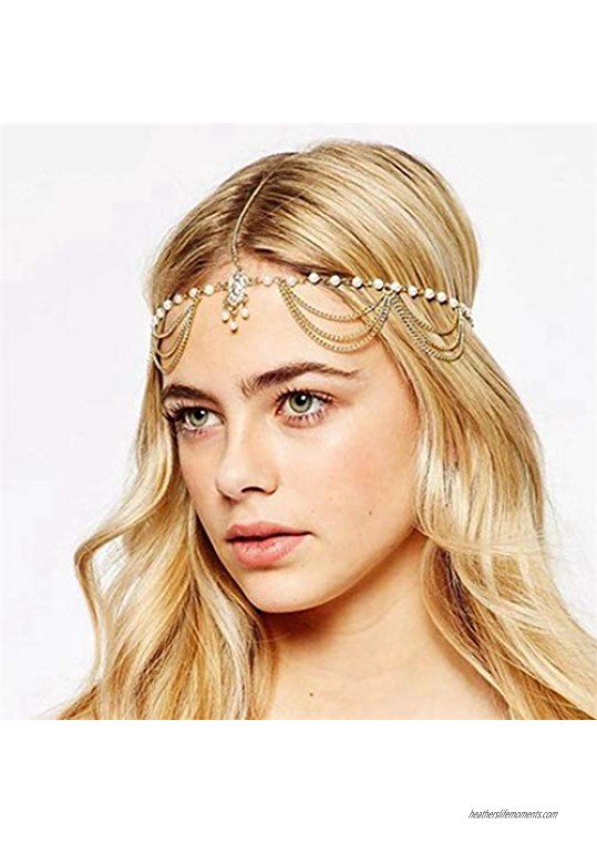 Jeweky Tassel Pearl Head Chain Gold Crystal Wedding Headpieces Bride Princess Hair Acessories Jewelry for Women and Girls