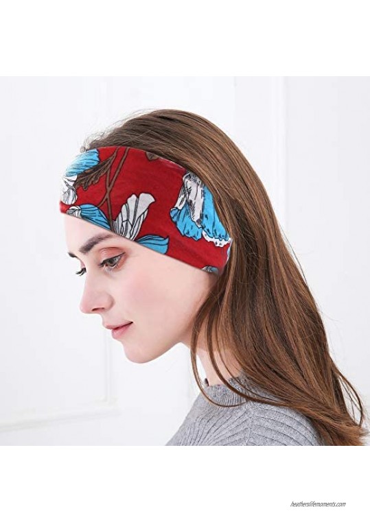 LOYALLOOK 12 Pack Women Boho Floral Print Head Wrap Hair Band Cross Elastic Twisted Knotted Sports Headband No-Slip Sweat-Wicking Headband for Running Exercise and Yoga