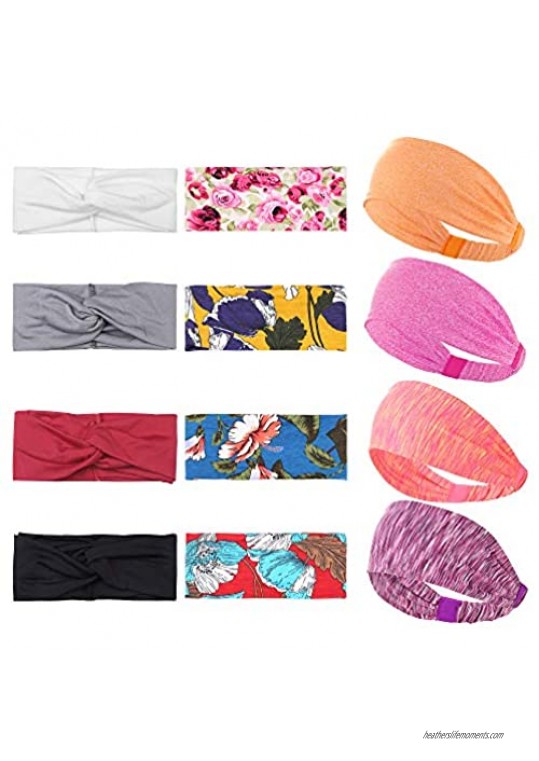 LOYALLOOK 12 Pack Women Boho Floral Print Head Wrap Hair Band Cross Elastic Twisted Knotted Sports Headband No-Slip Sweat-Wicking Headband for Running Exercise and Yoga
