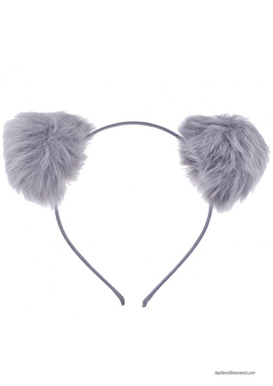 Lux Accessories Grey Faux Fur Pom Pom Ball Cat Ear Panda Costume Puff Headband