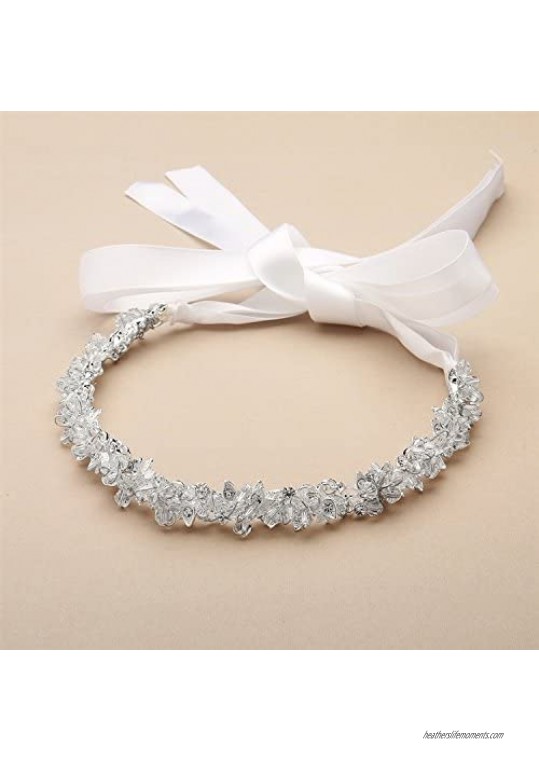 Mariell Crystal Cluster Bridal Wedding Headband Hair Vine with White Satin Ribbon
