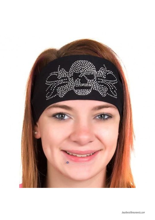 Open Road Girl Head Wrap: Wide Headbands for Women: Biker Chick Hair Bandana: Skull With Rhinestones (White/Black)