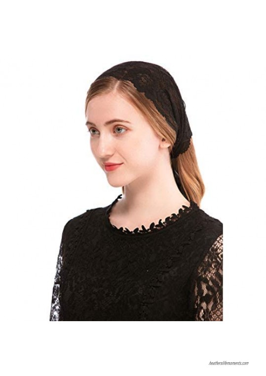 Pamor Lace Headband Kerchief Tie-style Floral Headwrap Latin Mass Head Covering Church Veil with Bobby Pins (Black)