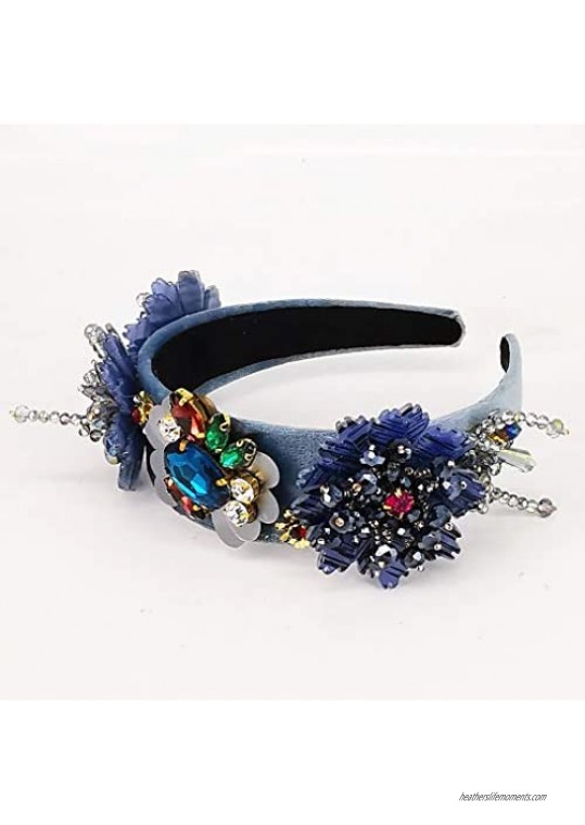 QTMY Wide Headbands Fashion Women Baroque Gemstone Hair Accessories Head Band Fashion Headwear Hairbands for Women Blue