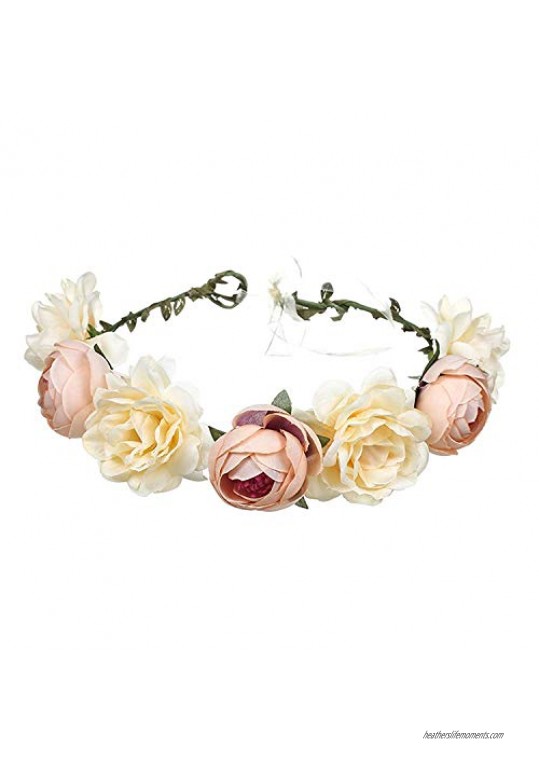 Women Rose Floral Crown Hair Wreath Leave Flower Headband with Adjustable Ribbon  Champagne  Large