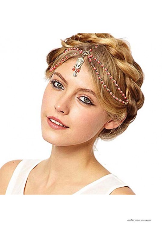 Yizaca Boho Crystal Head Chain Red Rhinestone Pendant Hair Chain Beaded Headpieces Tassel Headband Jewelry for Women and Girls