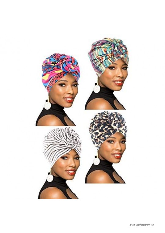 4Packs Women Turban African Pattern Knot Headwrap Beanie Pre-Tied Bonnet Chemo Cap Hair Loss Hat