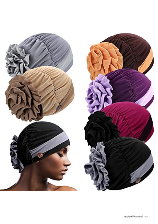 6 Pieces Bouffant Caps with Buttons Turban Flower Hats Adjustable Beanie Headwrap (Classic Colors)
