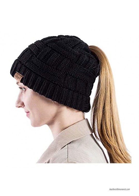 Alepo Womens High Messy Bun Beanie Hat with Ponytail Hole Winter Warm Trendy Knit Ski Skull Cap