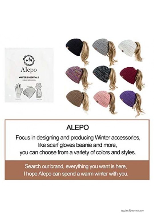 Alepo Womens High Messy Bun Beanie Hat with Ponytail Hole Winter Warm Trendy Knit Ski Skull Cap