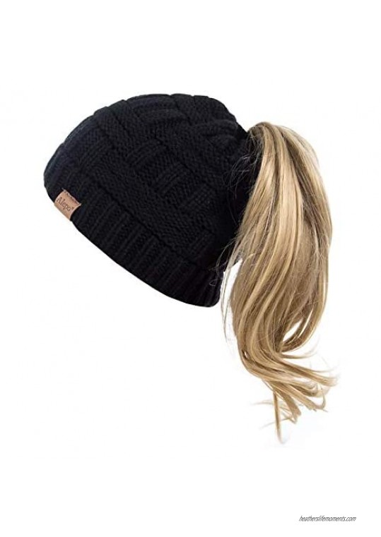 Alepo Womens High Messy Bun Beanie Hat with Ponytail Hole  Winter Warm Trendy Knit Ski Skull Cap