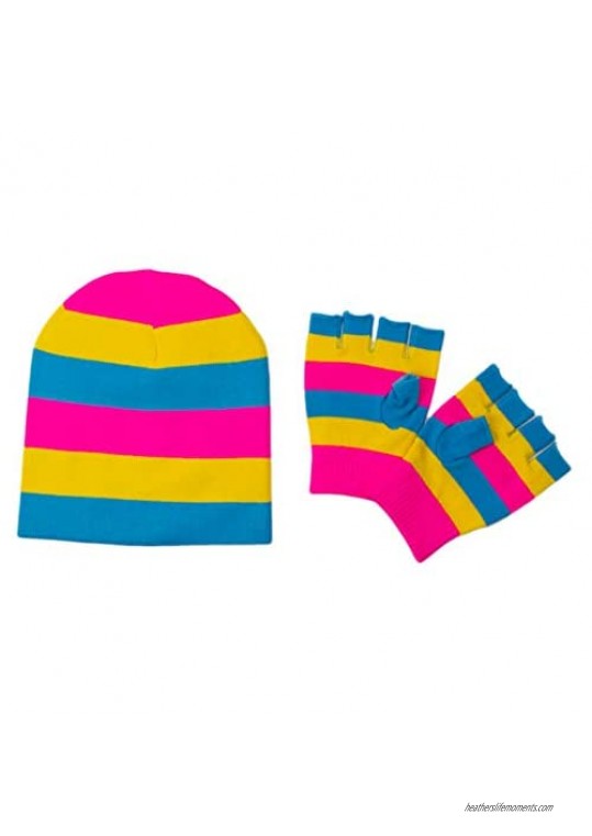 Classic Rainbow Glove & Ski Beanie Gift Set  Colorful Stripe Fitted Winter Knit Cap