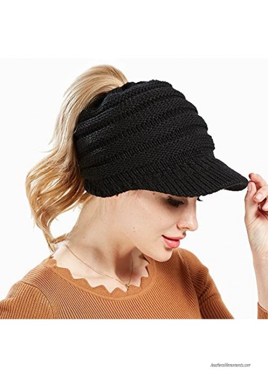 Dukars Women's Warm Chunky Cable Knit Messy Bun Hat Ponytail Visor Beanie Cap