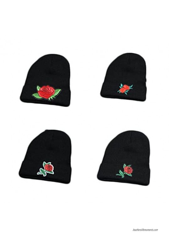 Embroidered Rose Knit Hat Winter Ski Skullcap Top Hat Black Elastic Beanie for Men & Women