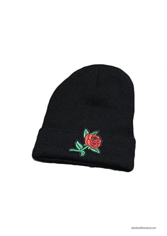 Embroidered Rose Knit Hat Winter Ski Skullcap Top Hat Black Elastic Beanie for Men & Women