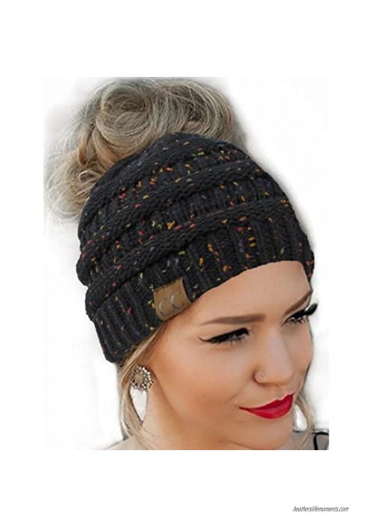FENGGE Messy Bun Hat Quality Knit Soft Stretch Winter Warm Cable Knit Fuzzy Lined Ear Warmer