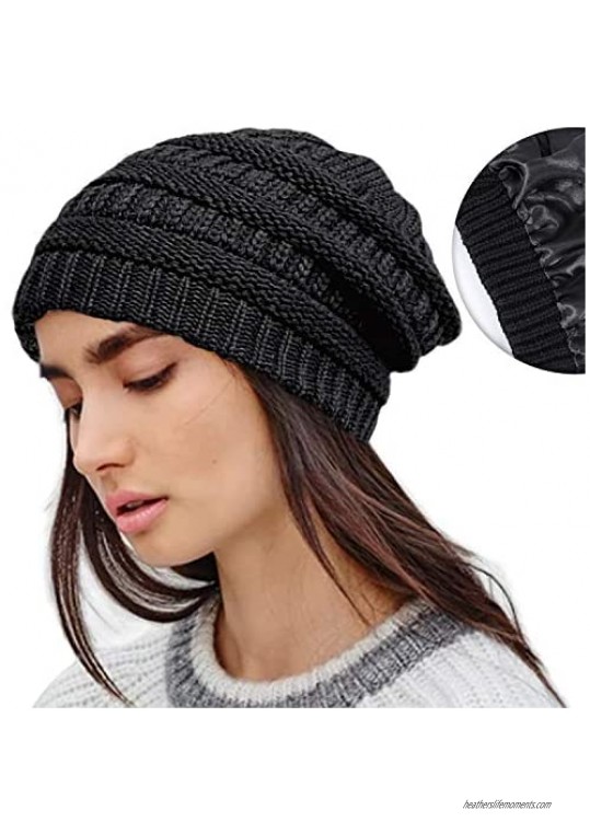 FLORENCE IISA Winter Hats for Women Slouchy Beanie Knit Hat | Satin Lined Beanie | Stretch Thick Cable Warm Chunky Knit Hat