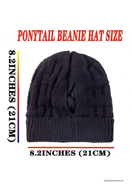 HHNLB Women's Beanie Ponytail Hat Messy High Bun Cross Criss Hole Winter Warm & Soft Stretch Cotton Knit Skull Cap