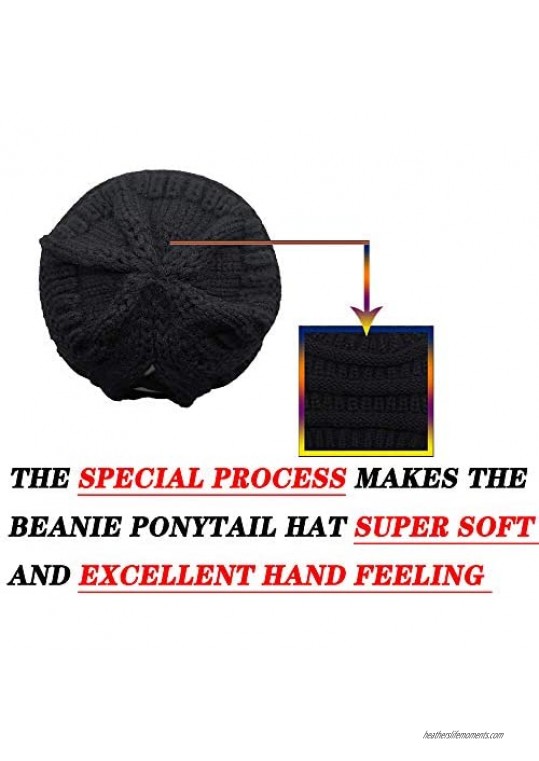 HHNLB Women's Beanie Ponytail Hat Messy High Bun Cross Criss Hole Winter Warm & Soft Stretch Cotton Knit Skull Cap